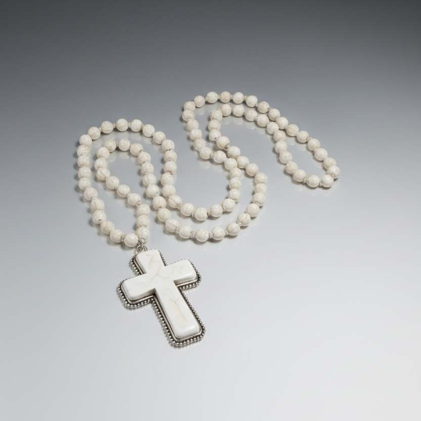 Turquoise Heart Cross Pendant Long Beaded Necklace