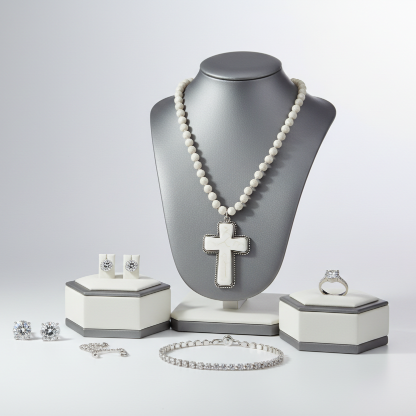 Turquoise Heart Cross Pendant Long Beaded Necklace