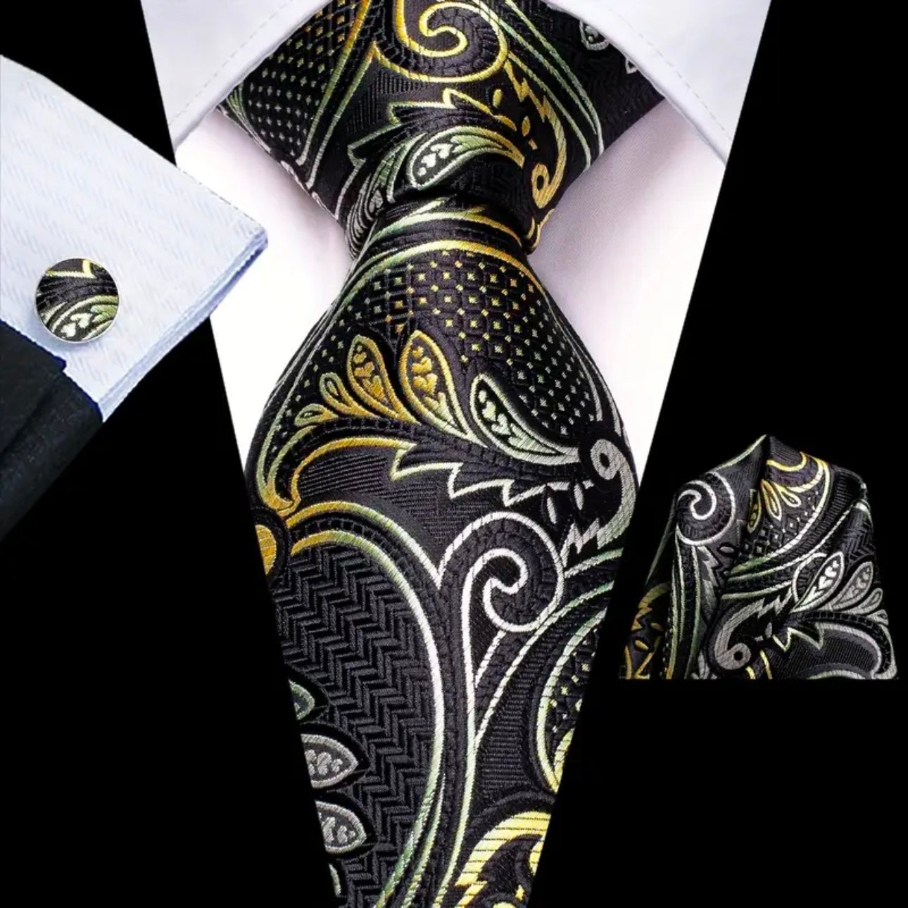 Black Yellow Patterned Necktie Set