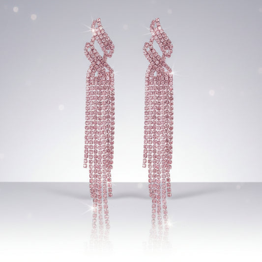 Pair of pink diamond earrings on a light gray background