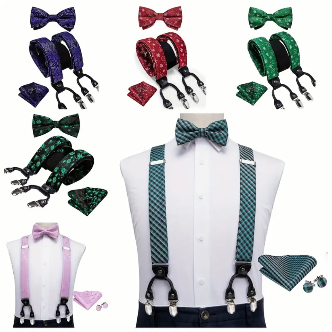 Green Plaid Suspenders Bowtie Set