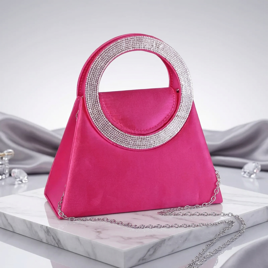 A bright pink satin handbag with a circular handle encrusted with rhinestones, resting on a white marble block with draped gray fabric and crystal props in the background.