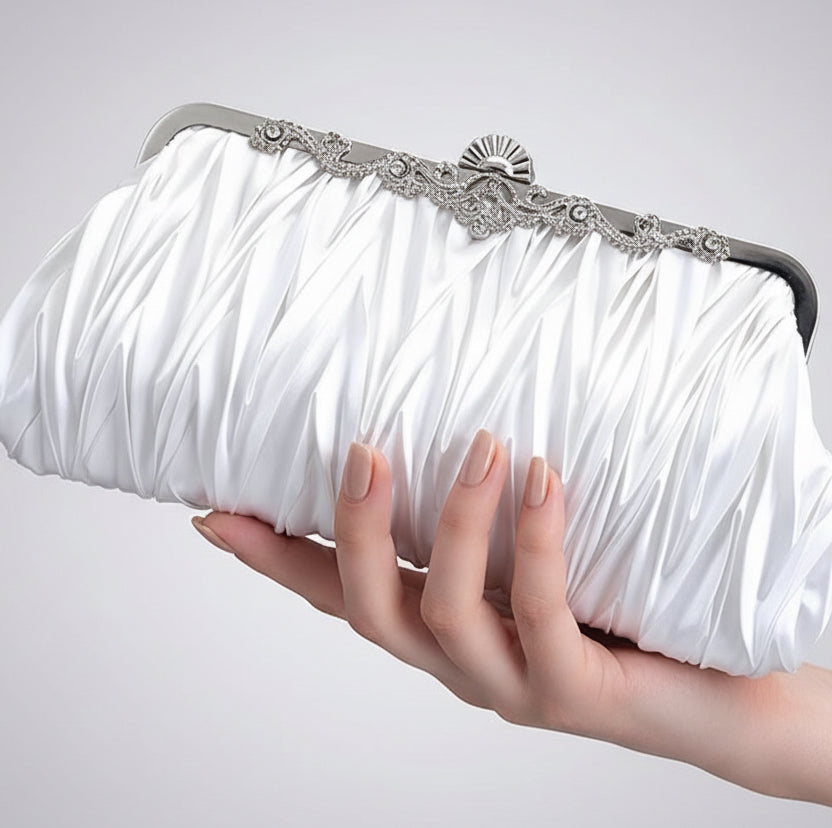 White Satin Kisslock Clutch