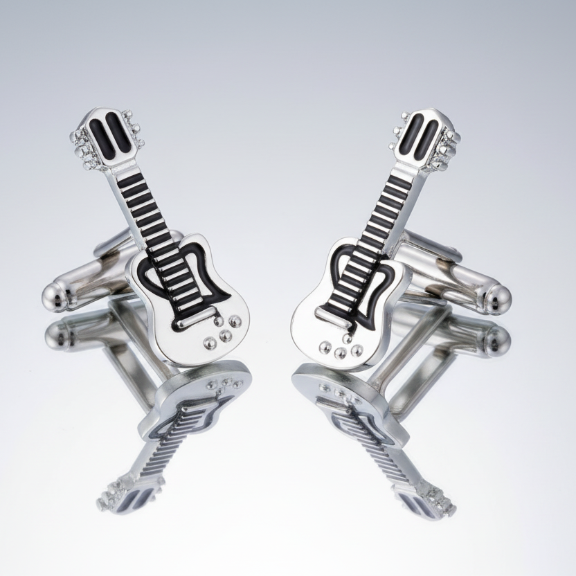 Guitar Cufflinks in Silver & Black