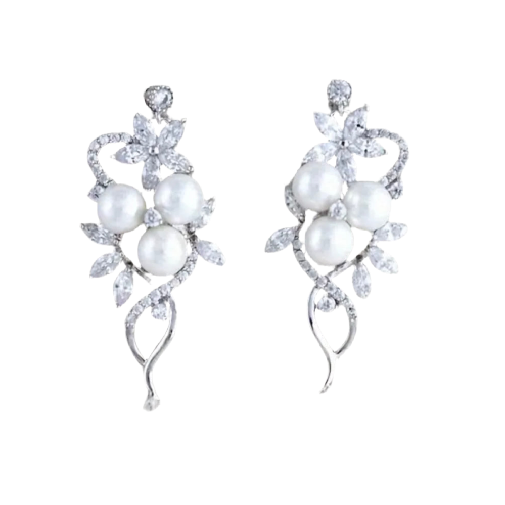 Pearl Rhinestone Rose Gold Flower Earrings