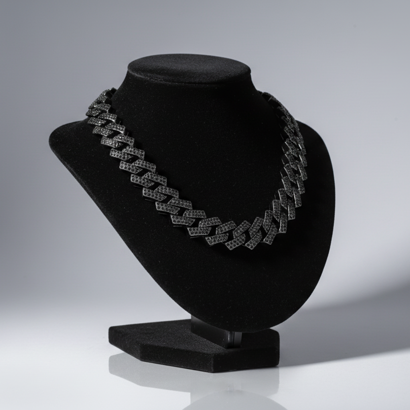 Necklace on a black mannequin bust against a gray background
