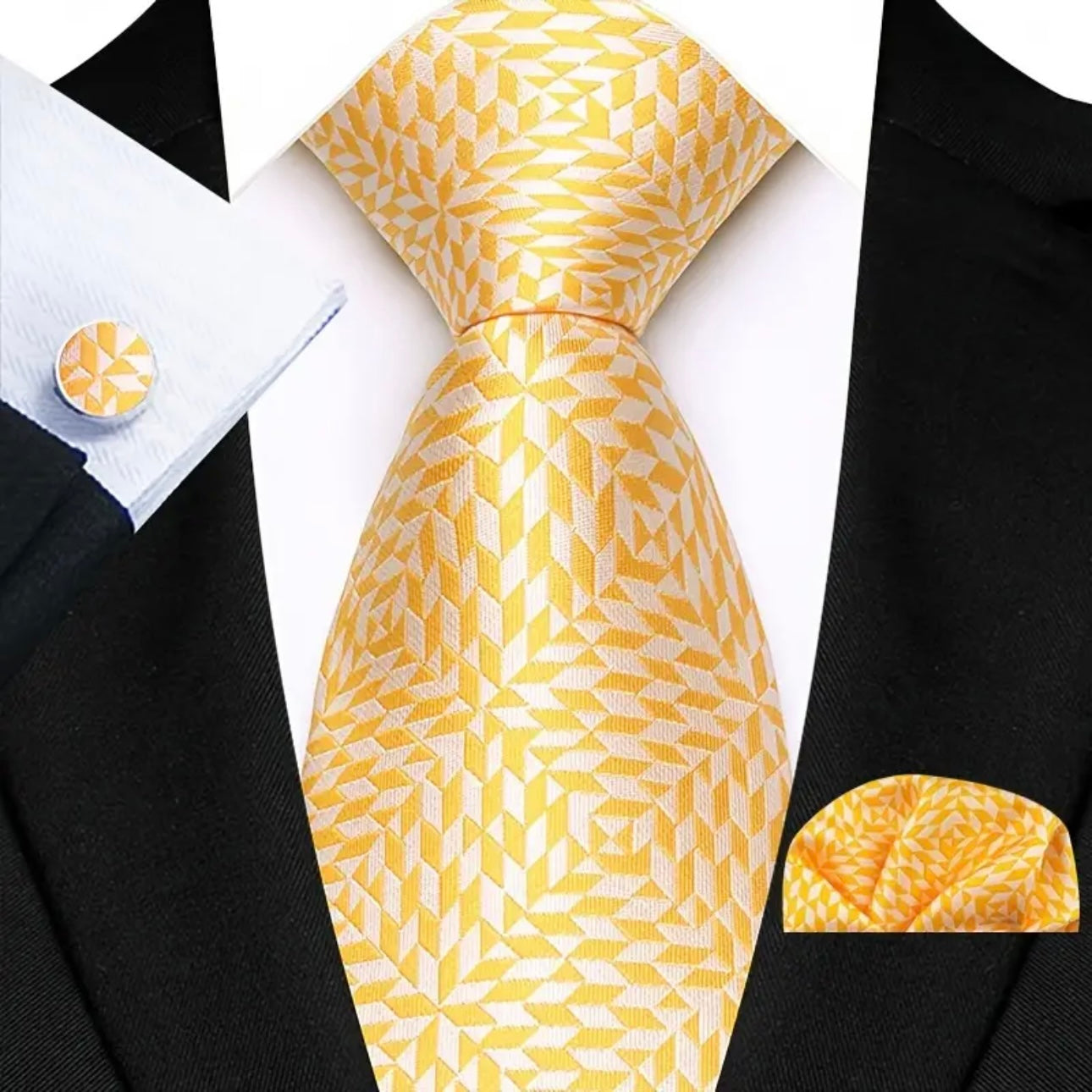 Yellow White Modern Print Necktie Set