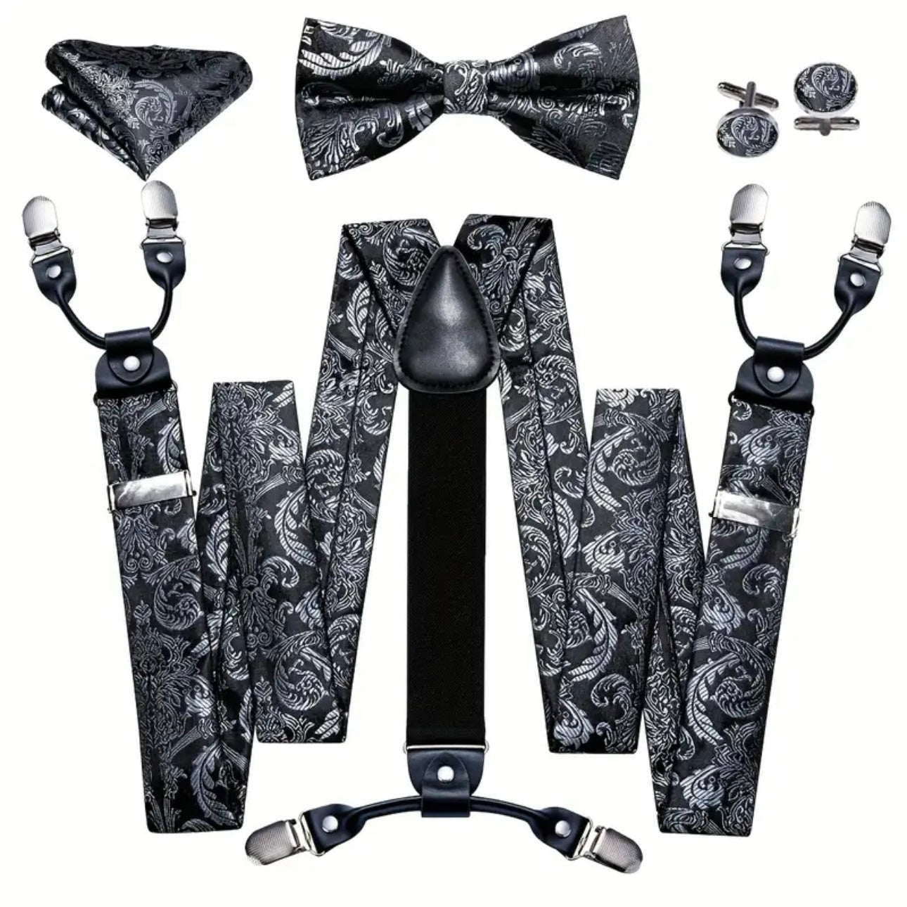 Grey Silver Black Suspenders Bowtie Set