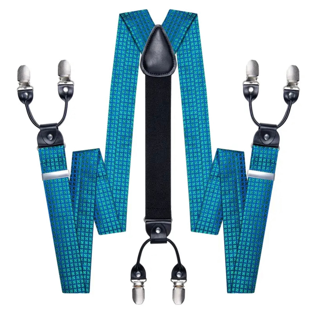 Green Blue Grid Suspenders Bowtie Set