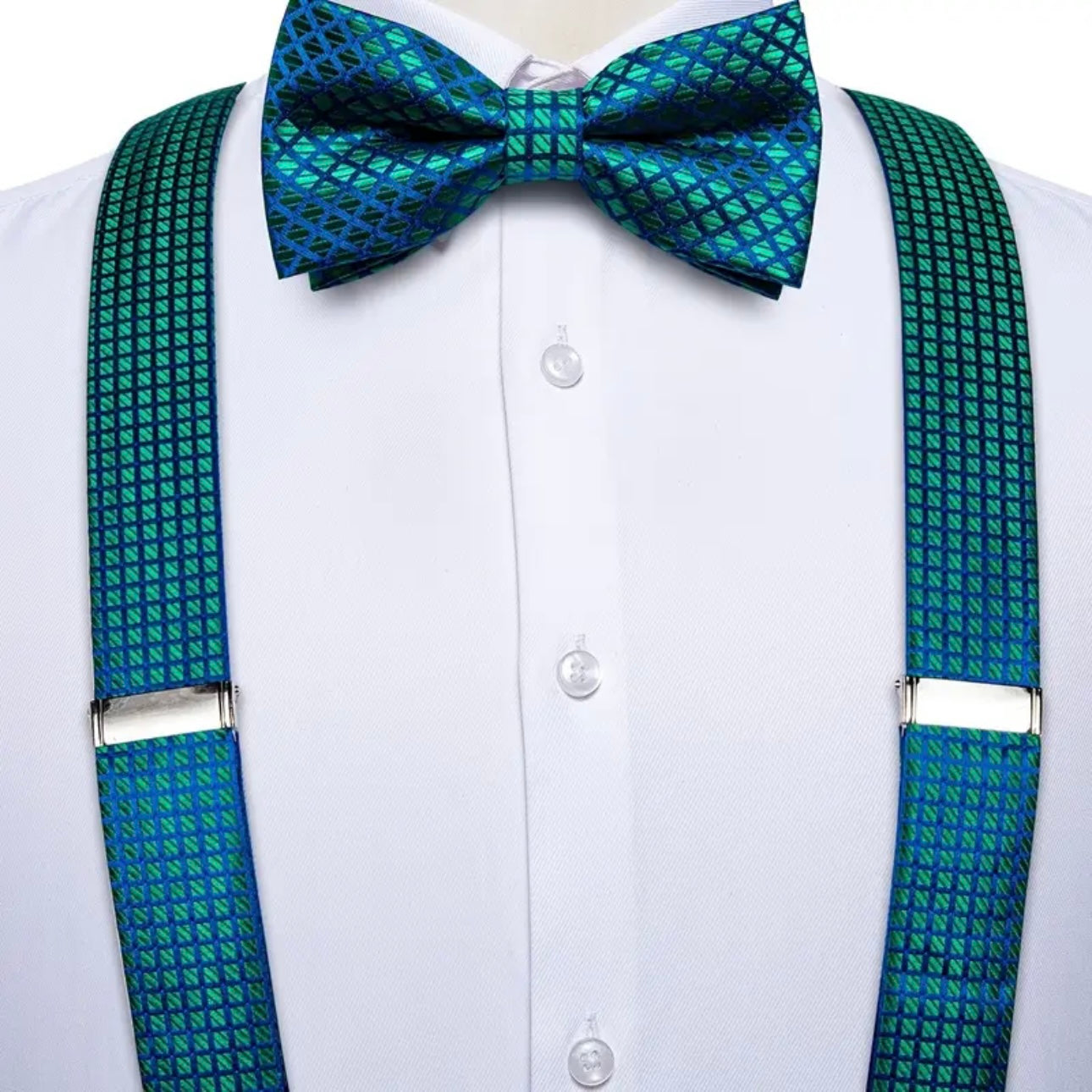 Green Blue Grid Suspenders Bowtie Set