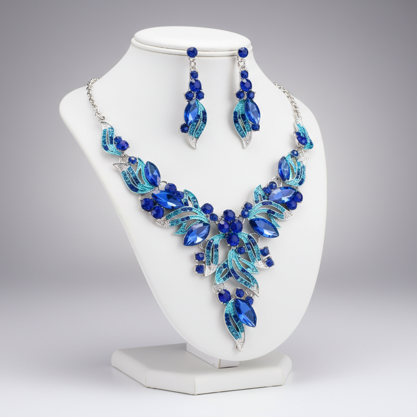 Blue beaded necklace and earrings on a white mannequin bust against a gray background
