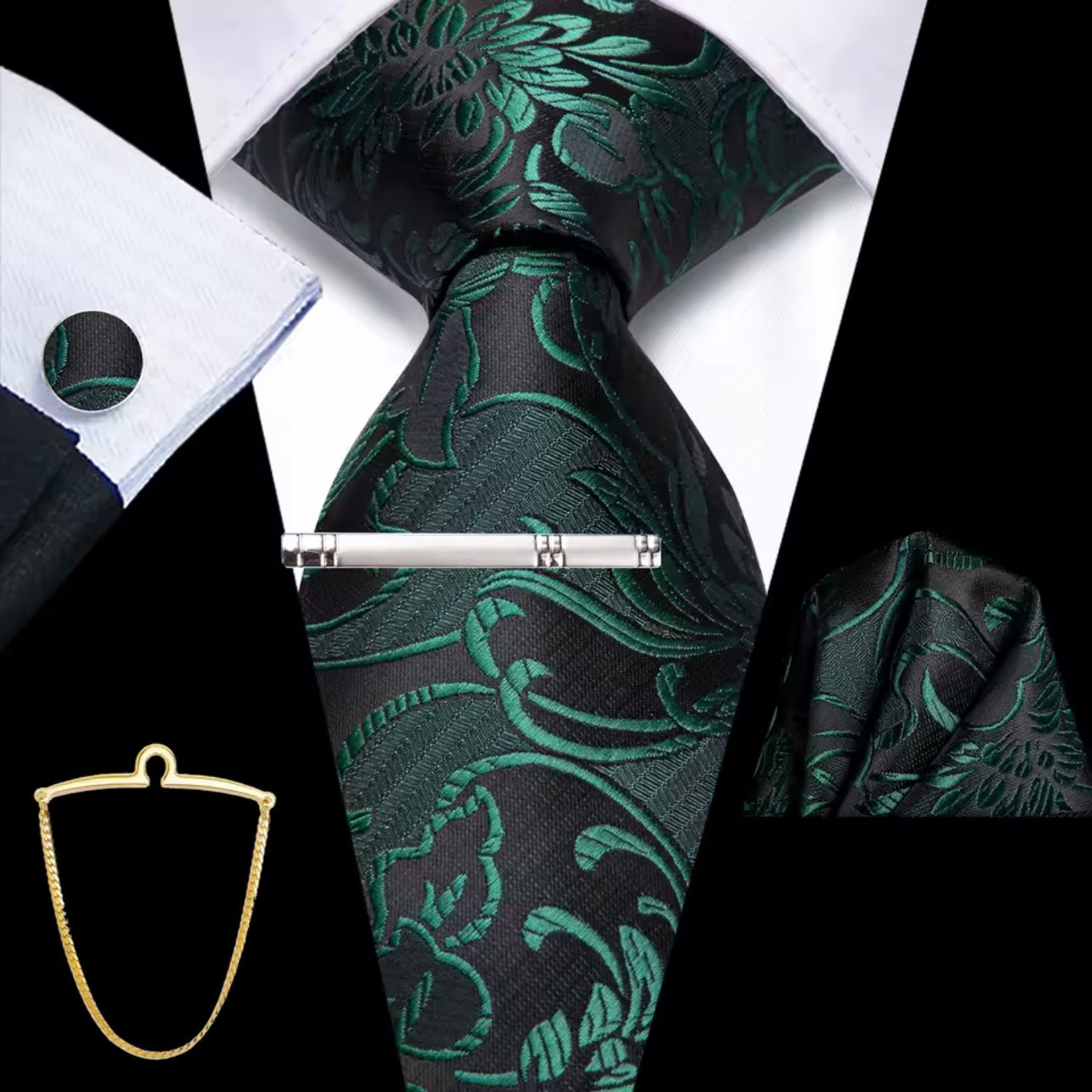 Green Floral Long Necktie & Bonus Accessories Set