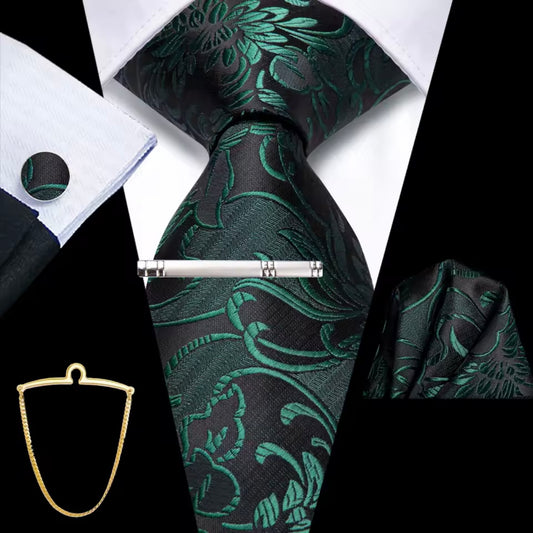 Green Floral Long Necktie & Bonus Accessories Set