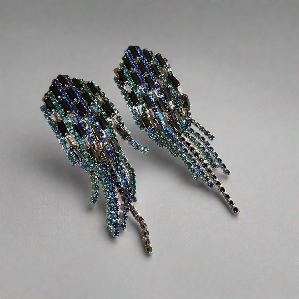 Peacock Hexagon Tassel Earrings