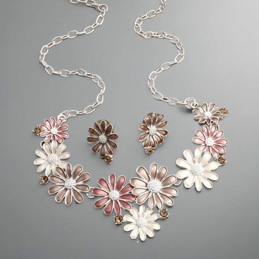 Floral jewelry set with necklace and earrings on a gray background
