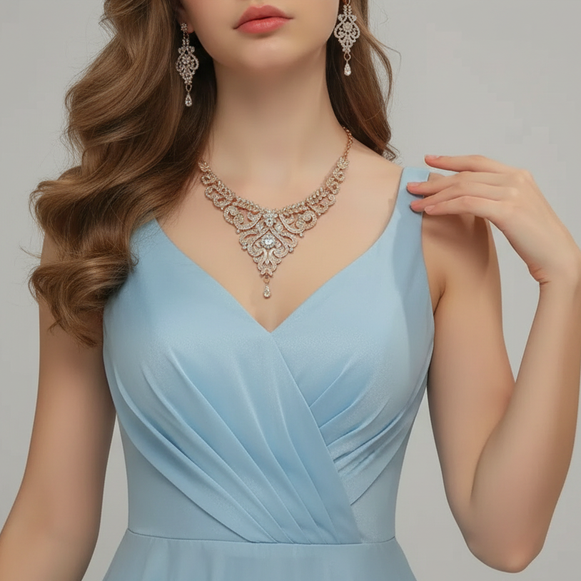 Woman wearing a light blue dress with a necklace and earrings on a neutral background