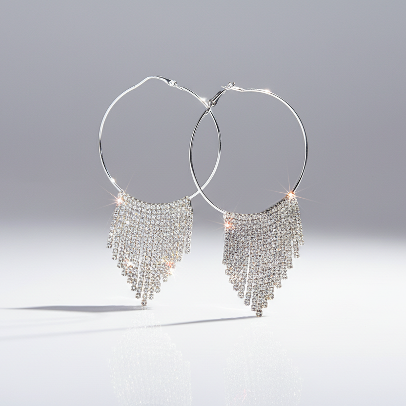Silver hoop earrings with fringe detailing on a light gray background