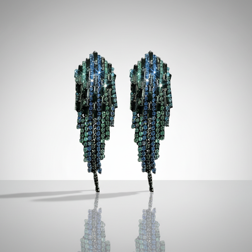 Peacock Hexagon Tassel Earrings