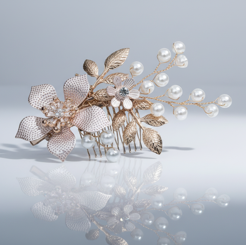 Champagne Rose Gold Pearl & Rhinestone Hair Clip