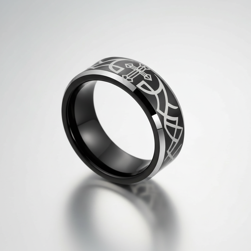 Cross & Scrolls Banded Ring