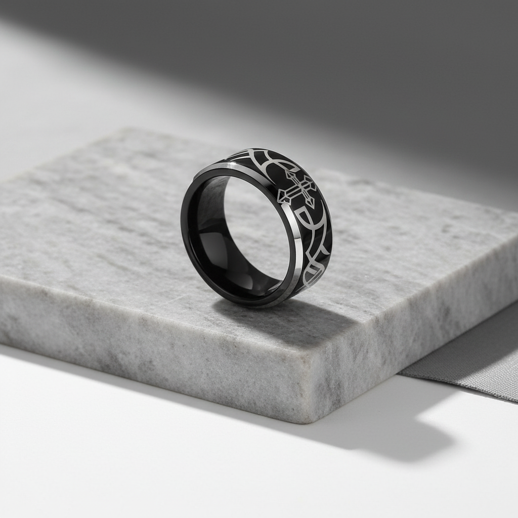 Cross & Scrolls Banded Ring