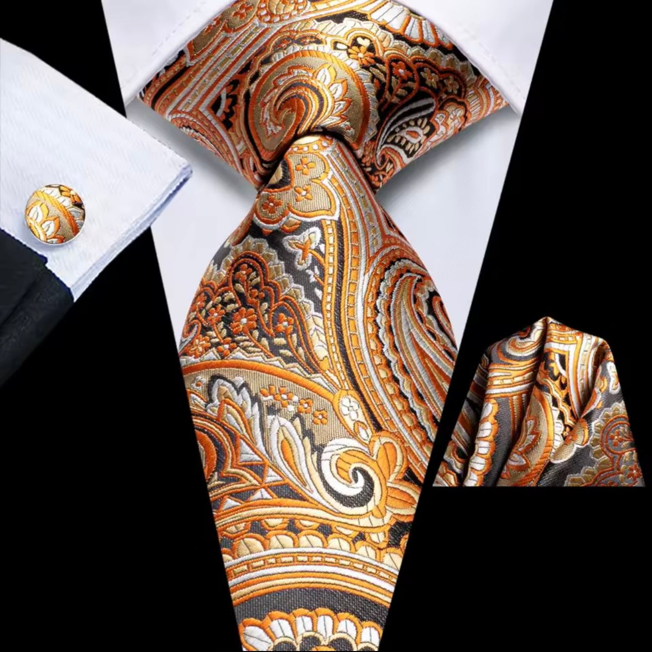 Orange Grey Paisley Necktie Set