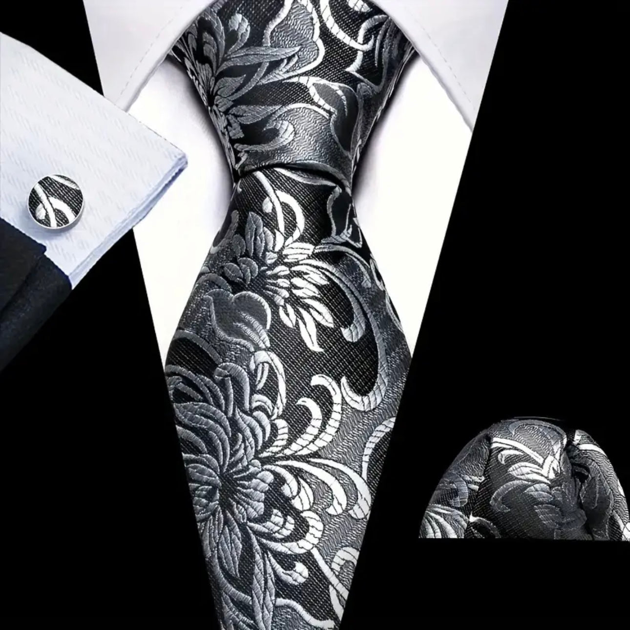 Silver Black Necktie Set