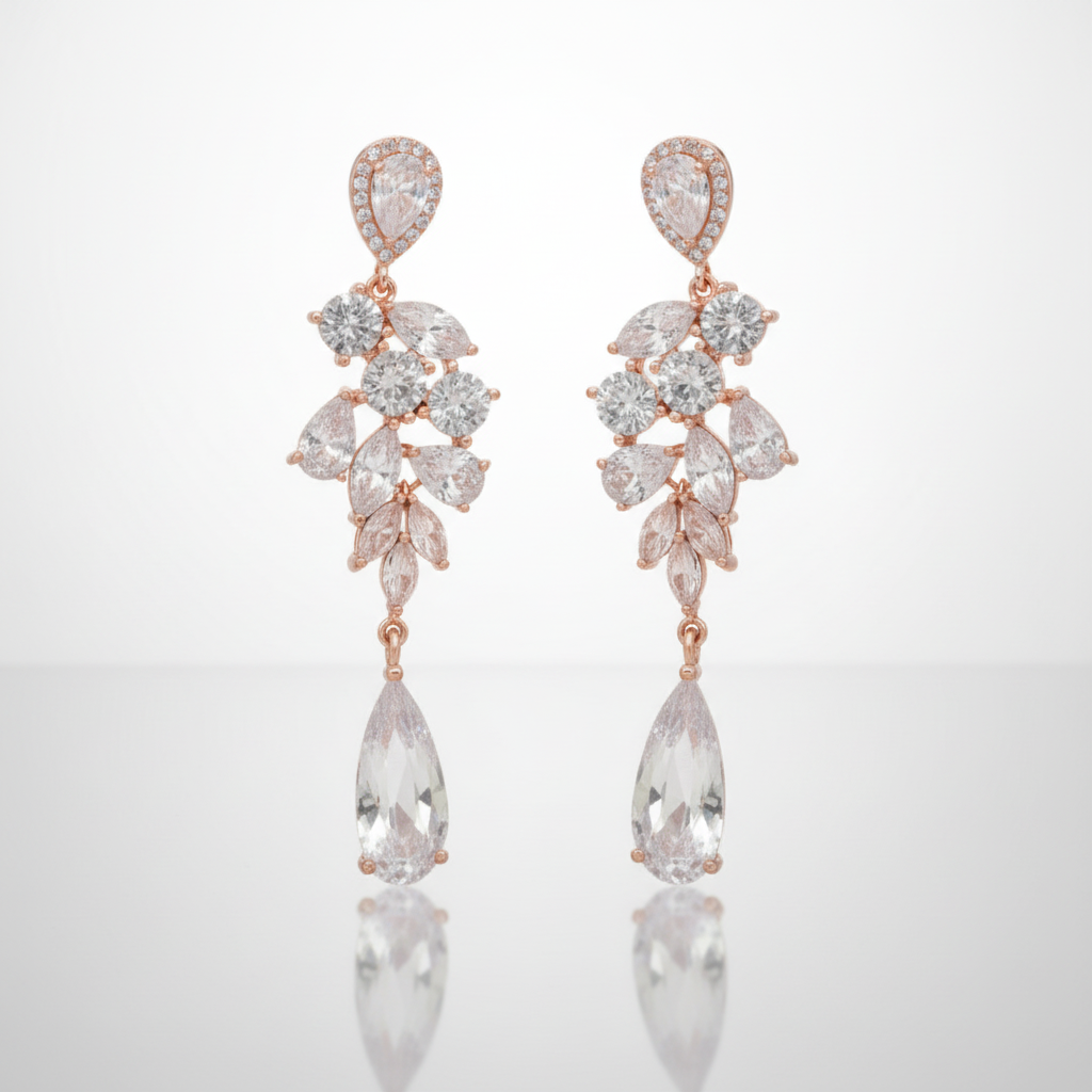 Rose gold and clear crystal earrings on a light gray background