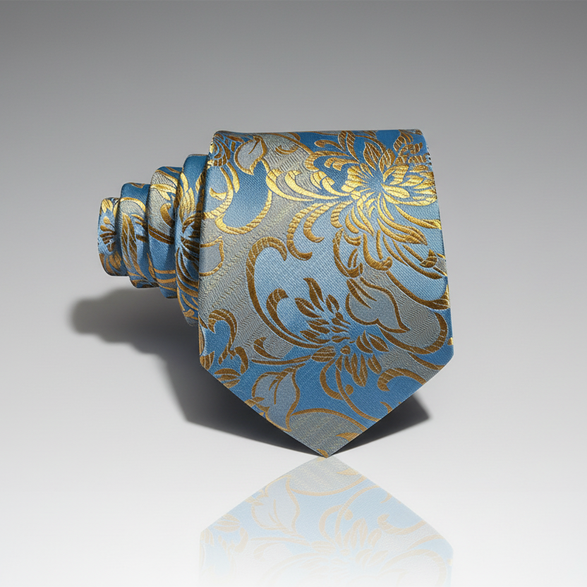 Cornflower Blue & Gold Floral Scroll Necktie Set