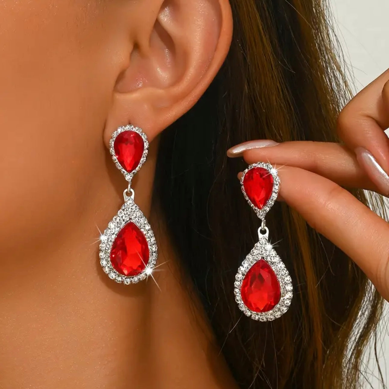 Red Clear Silver Earrings