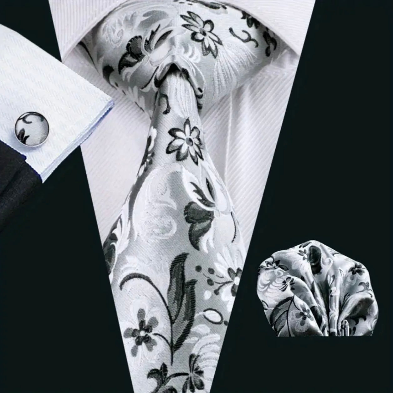 Silver Black Floral Necktie Set