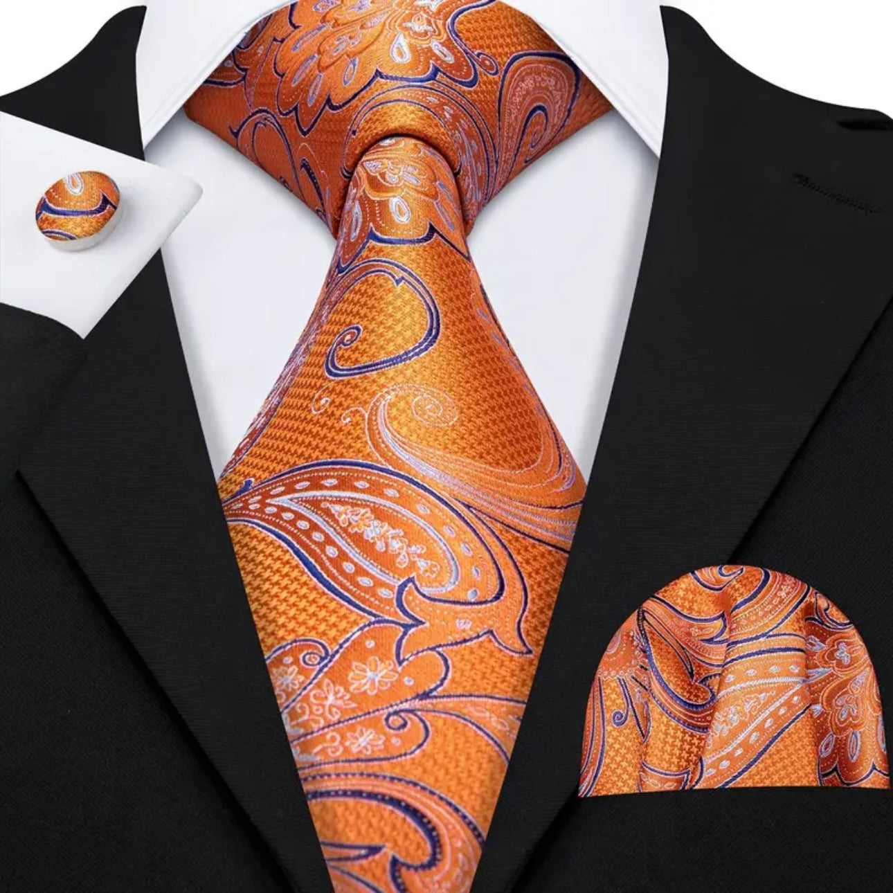 Orange Navy Paisley Necktie Set