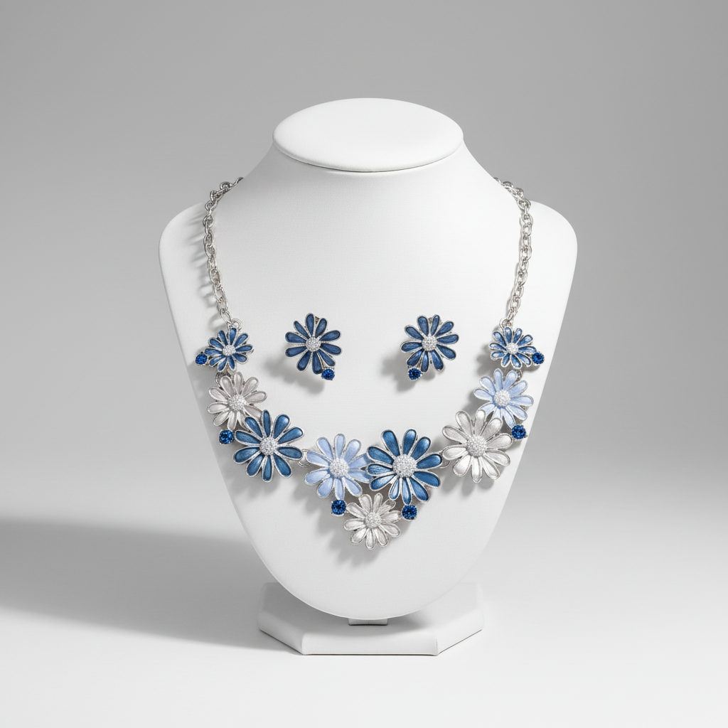 A jewelry set consisting of a necklace and a pair of earrings with metallic blue and white flowers on a silver-colored chain.
