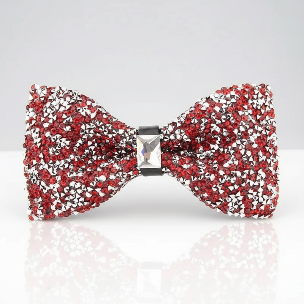 A red and silver rhinestone-studded bowtie with an acrylic non-textile material.