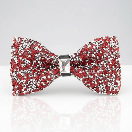 A red and silver rhinestone-studded bowtie with an acrylic non-textile material.