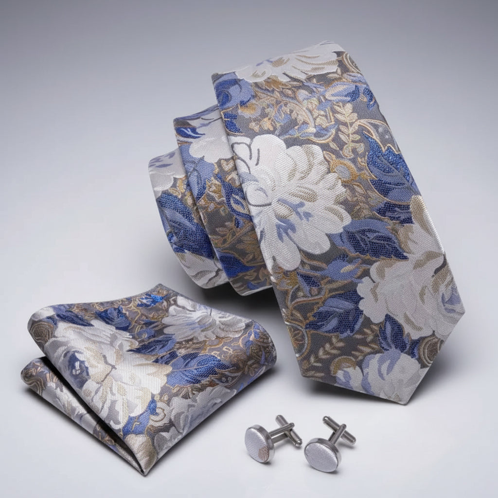 Floral tie, pocket square, and cufflinks set on a white background