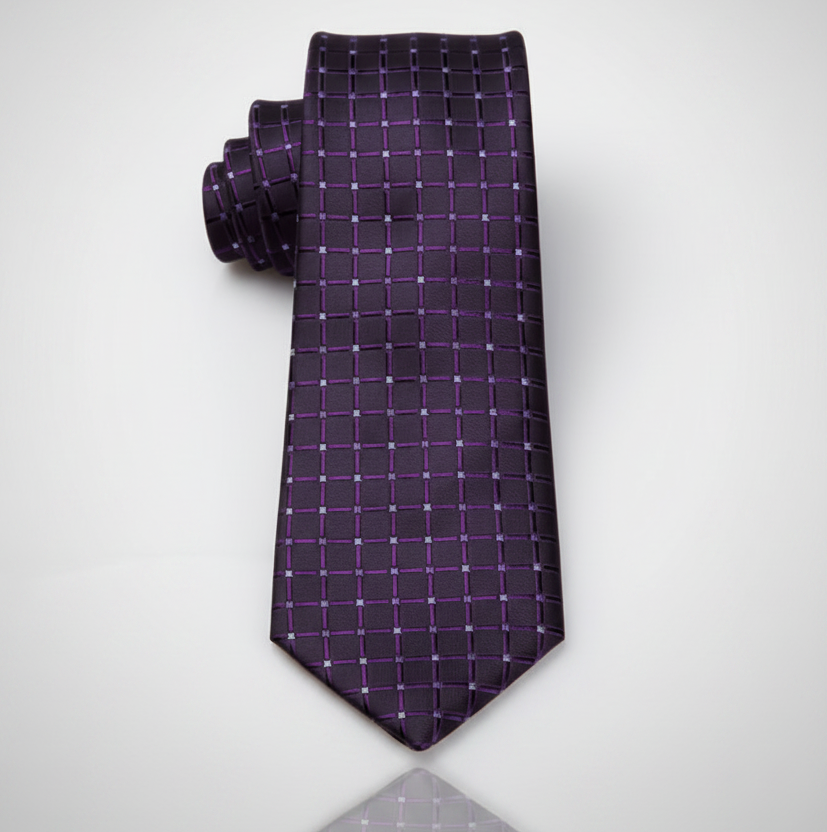 Purple Tartan Long Necktie & Bonus Accessories Set