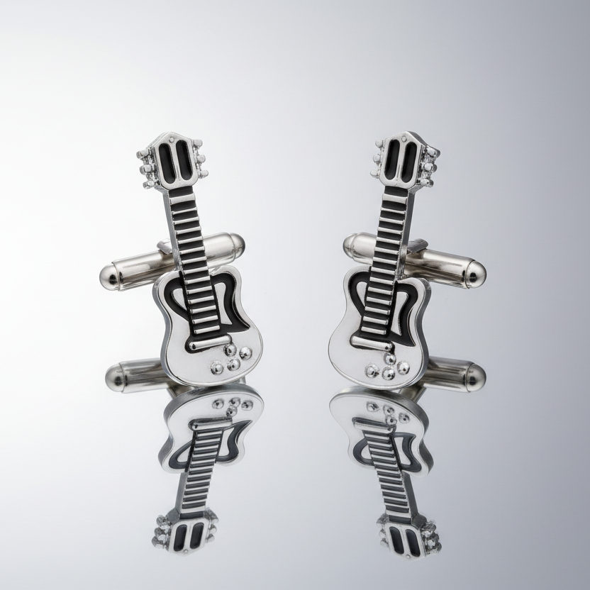 Guitar Cufflinks in Silver & Black