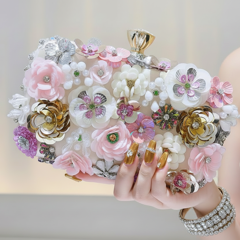 3D Floral Champagne Clutch