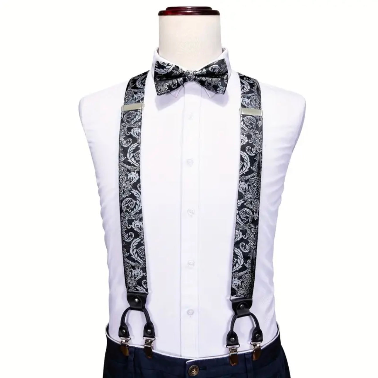 Grey Silver Black Suspenders Bowtie Set