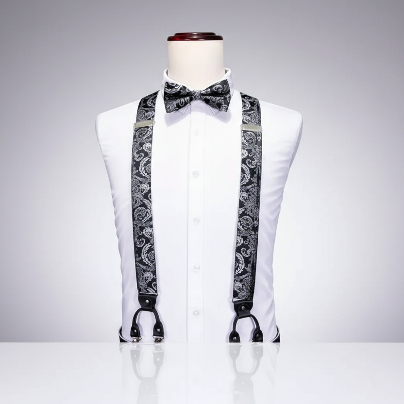 Silver Black Suspenders & Bow Tie Set