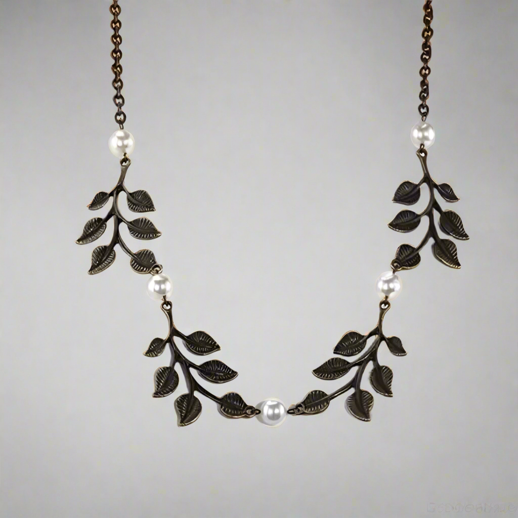 Bronze Pearl Leaf Necklace