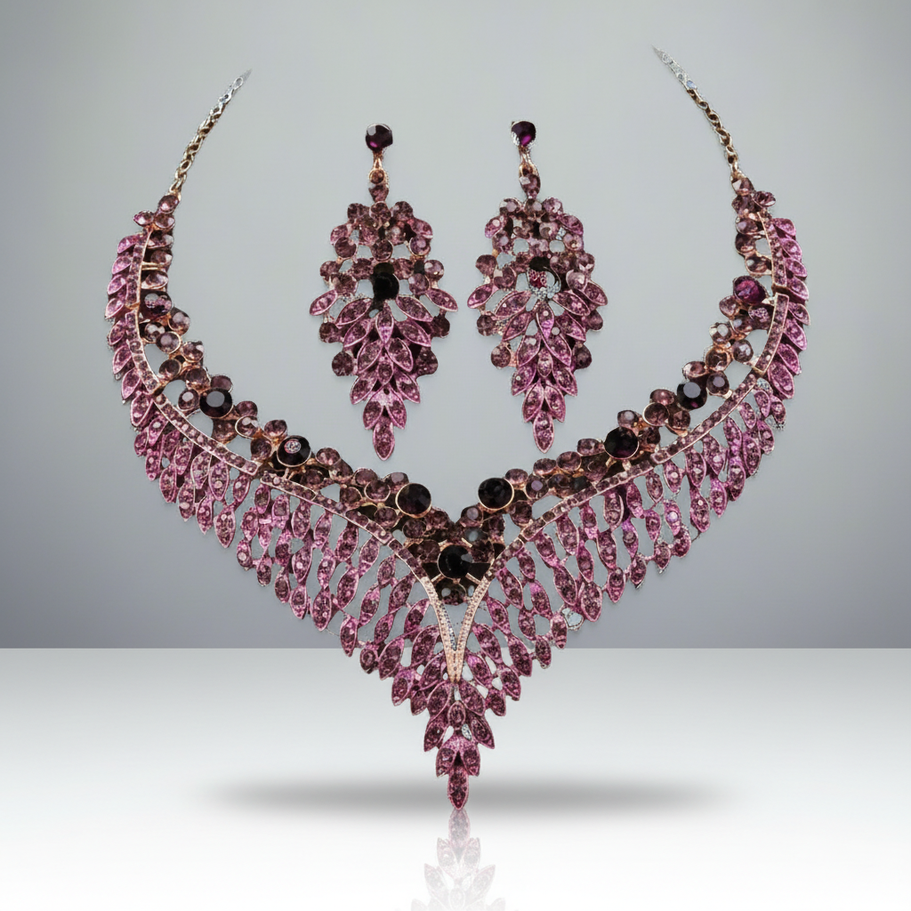 Luxury pink gemstone necklace and earrings set on a gray background