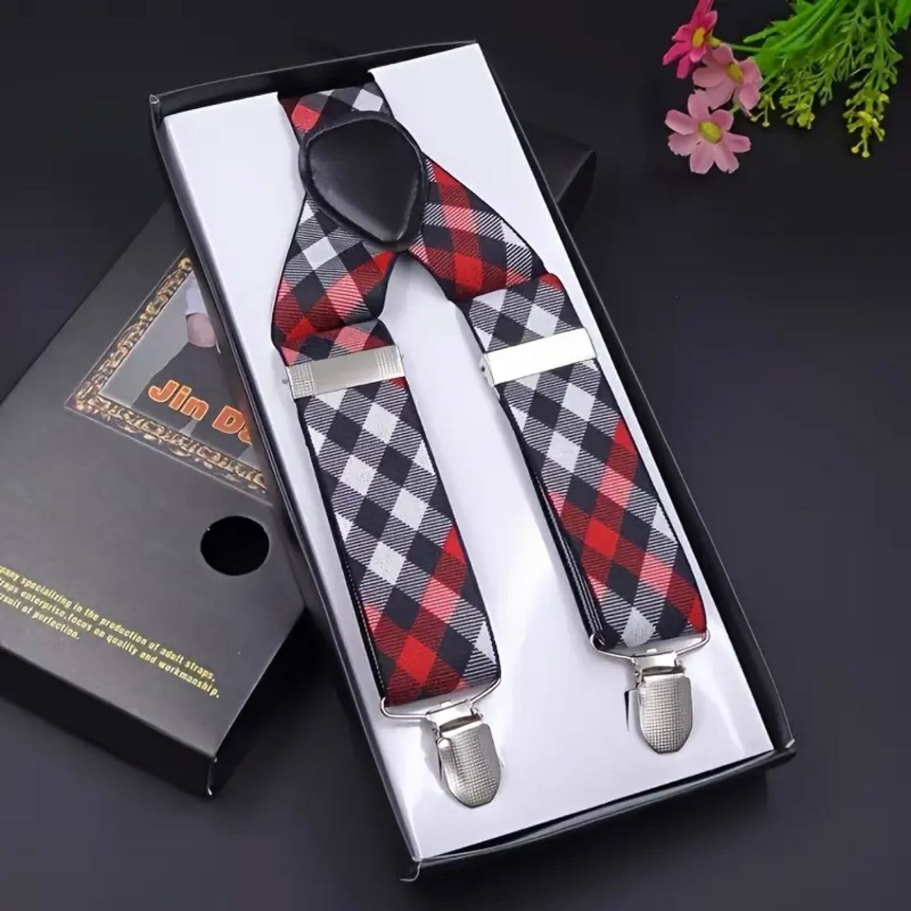 Black Red White Plaid Suspenders