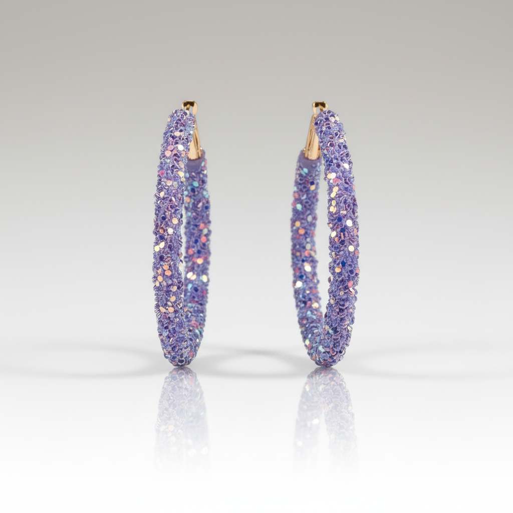 A pair of purple, blue, and gold sequin hoop earrings.