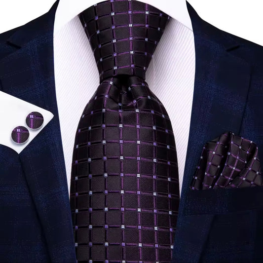 Purple Tartan Long Necktie & Bonus Accessories Set