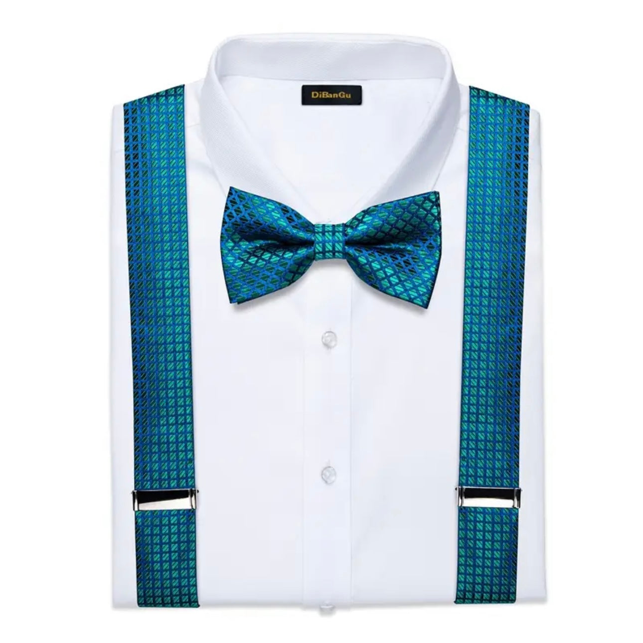 Green Blue Grid Suspenders Bowtie Set