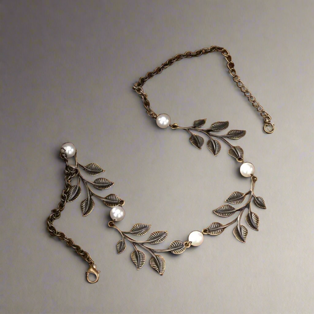 Bronze Pearl Leaf Necklace