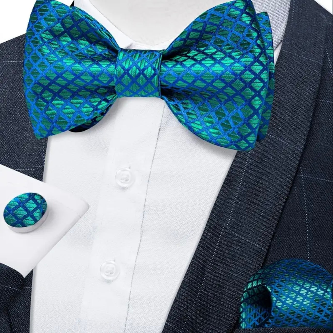 Green Blue Grid Suspenders Bowtie Set