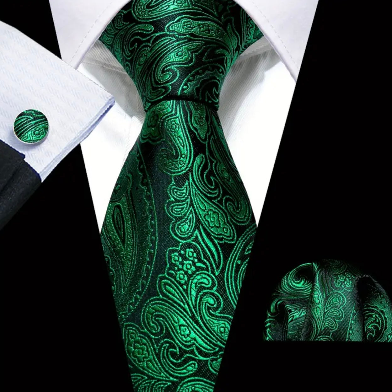 Green Black Paisley Necktie Set